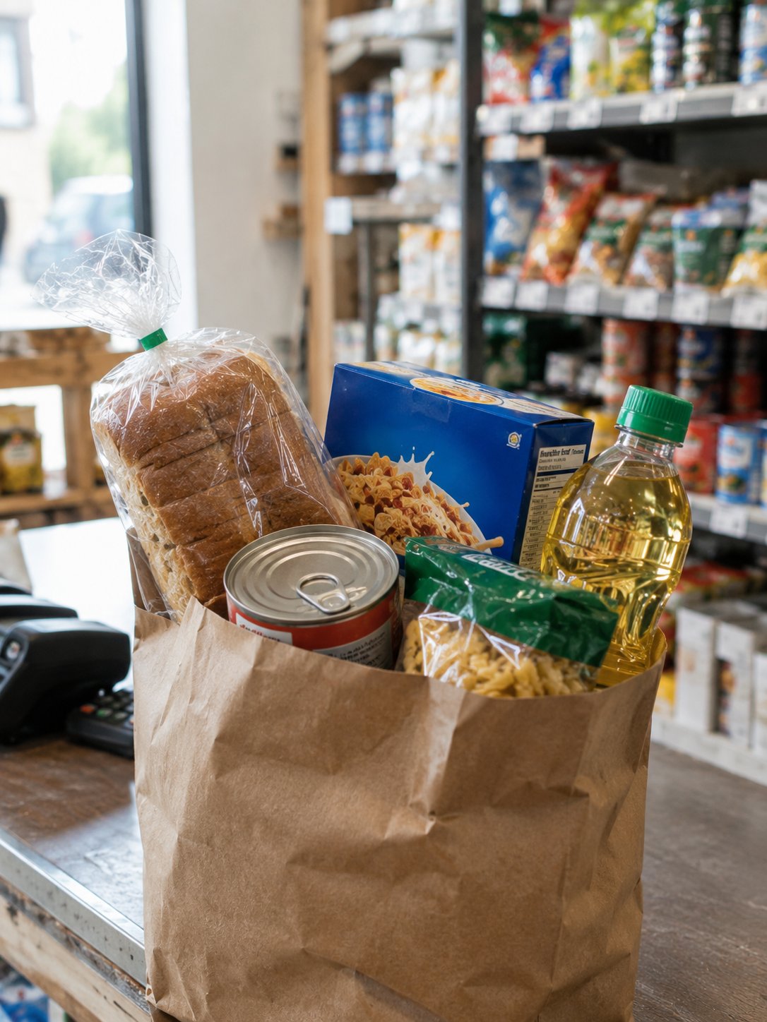 Bolsa de abarrotes lista para entrega: pan, aceite y conservas