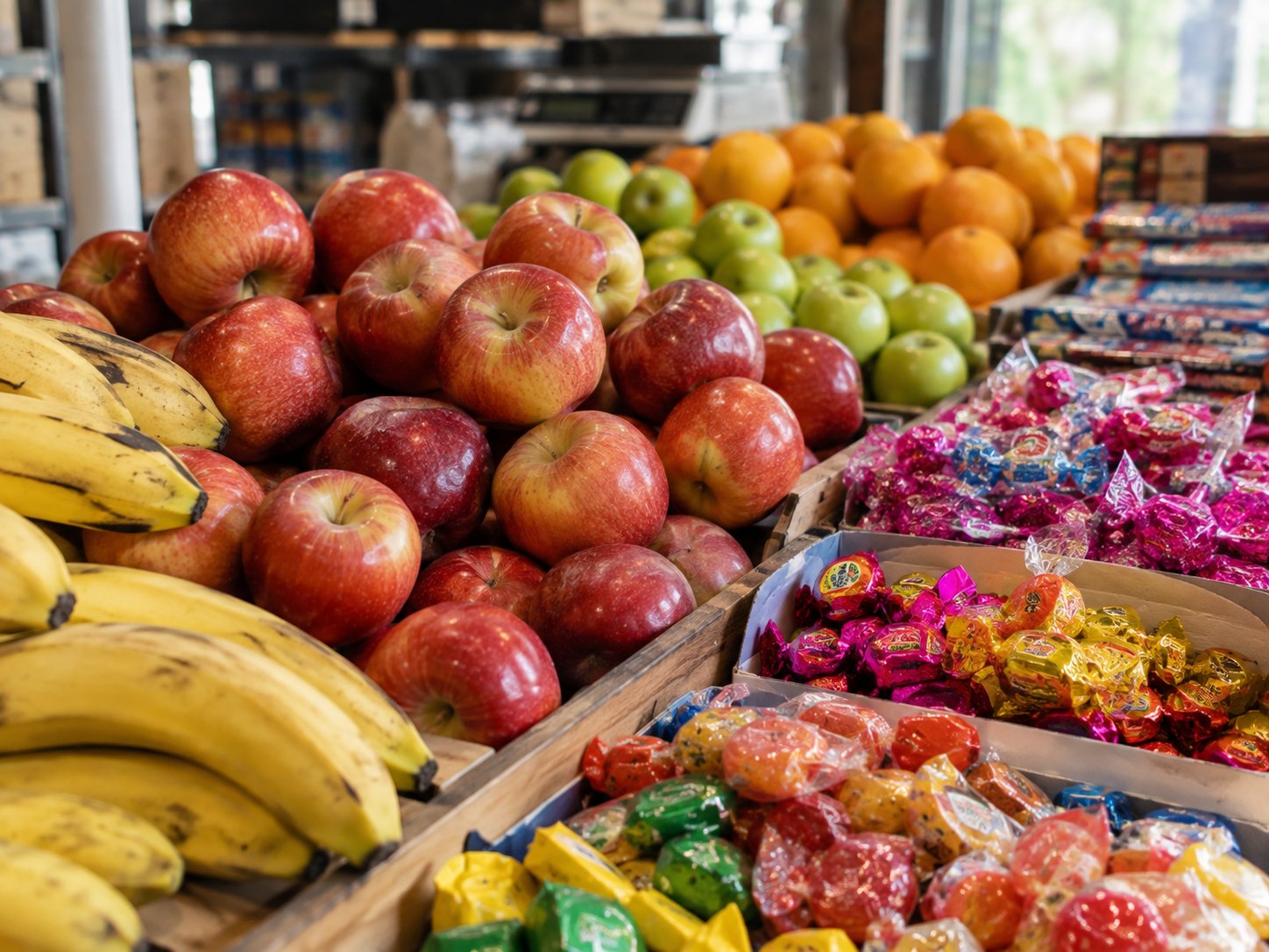 Fruta fresca y dulces envueltos en exhibición
