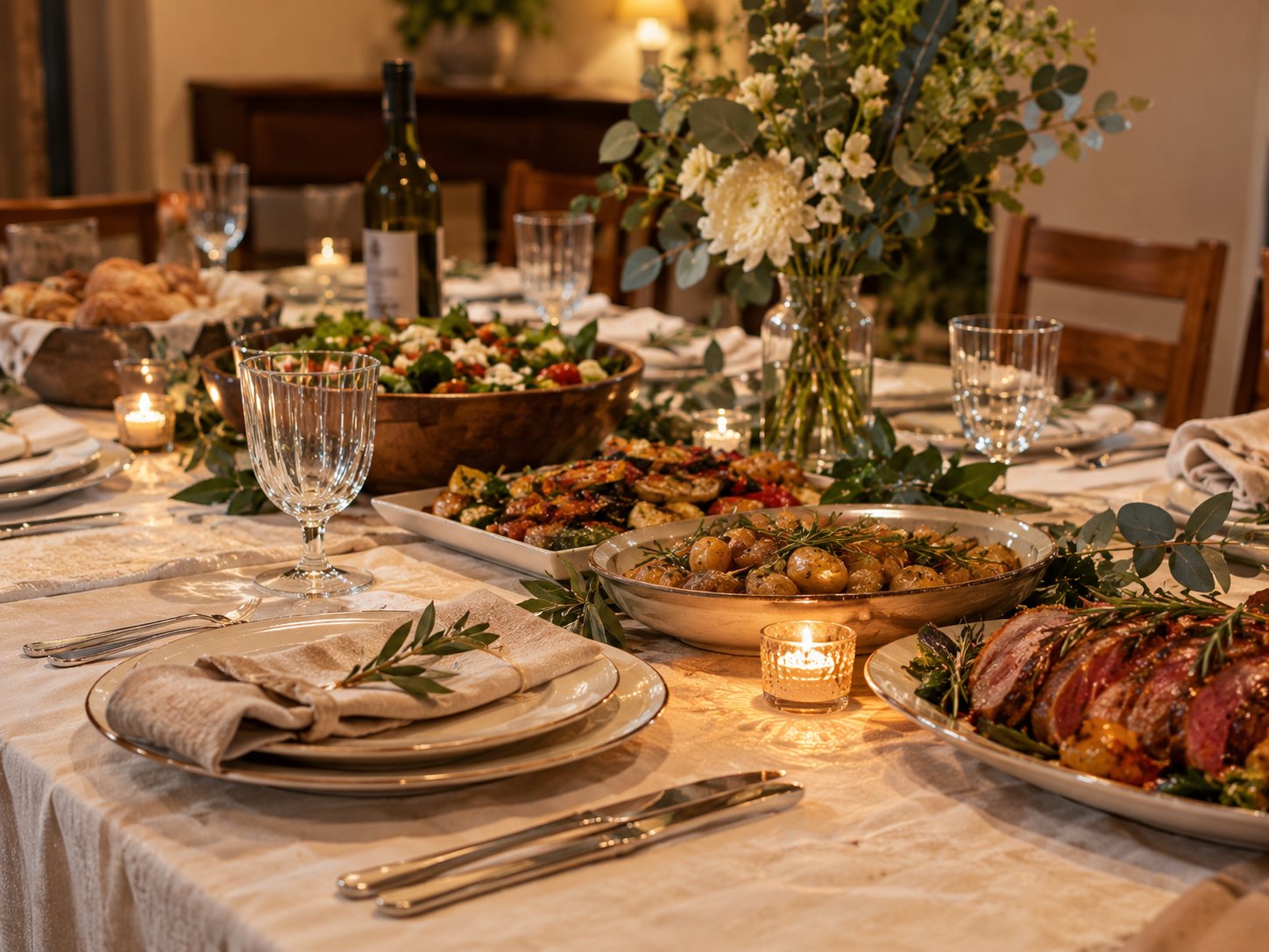 Mesa de banquete montada con platillos y velas